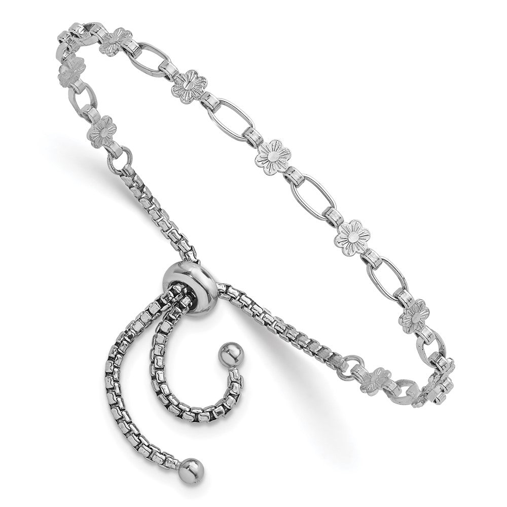Sterling Silver Rhodium-plated Polished Flower and Rectangle Link Adjustable Bolo Bracelet QG6801