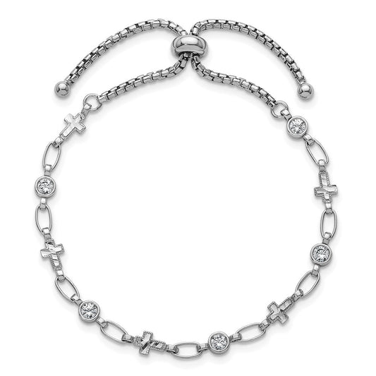 Sterling Silver Rhodium-plated Polished Round CZ and Cross Adjustable Bolo Bracelet QG6803