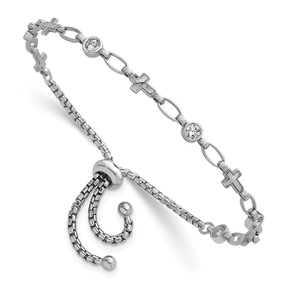 Sterling Silver Rhodium-plated Polished Round CZ and Cross Adjustable Bolo Bracelet QG6803