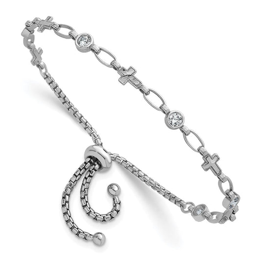 Sterling Silver Rhodium-plated Polished Round CZ and Cross Adjustable Bolo Bracelet QG6803