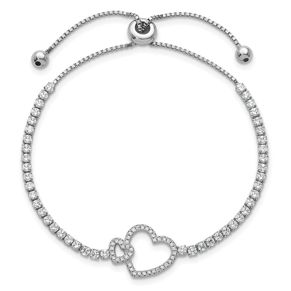 Sterling Silver Rhodium-plated Polished CZ Two Hearts Adjustable Bolo Bracelet QG6804