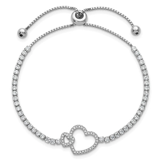 Sterling Silver Rhodium-plated Polished CZ Two Hearts Adjustable Bolo Bracelet QG6804