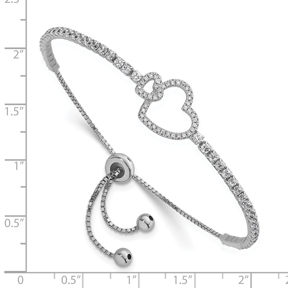 Sterling Silver Rhodium-plated Polished CZ Two Hearts Adjustable Bolo Bracelet QG6804