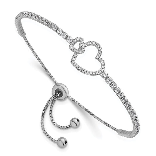 Sterling Silver Rhodium-plated Polished CZ Two Hearts Adjustable Bolo Bracelet QG6804
