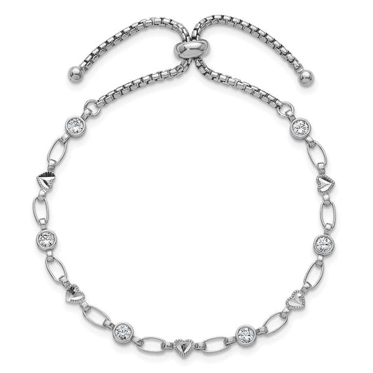 Sterling Silver Rhodium-plated Polished Round CZ and Diamond-cut Heart Adjustable Bolo Bracelet QG6806