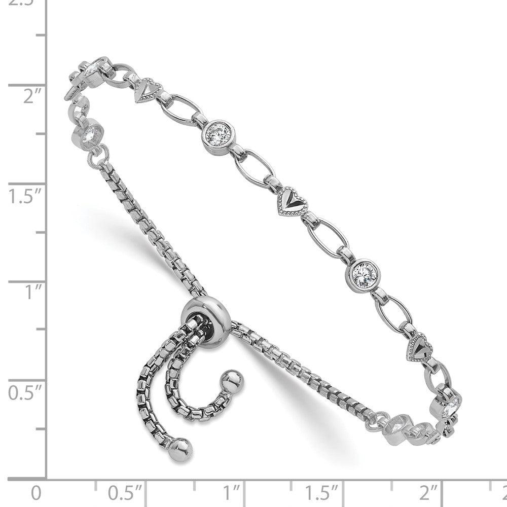 Sterling Silver Rhodium-plated Polished Round CZ and Diamond-cut Heart Adjustable Bolo Bracelet QG6806