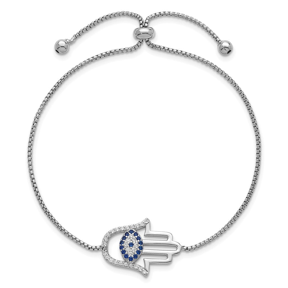 Sterling Silver Rhodium-plated Polished Lab Created Blue Spinel and White CZ Evil Eye Hamsa Adjustable Bolo Bracelet QG6808