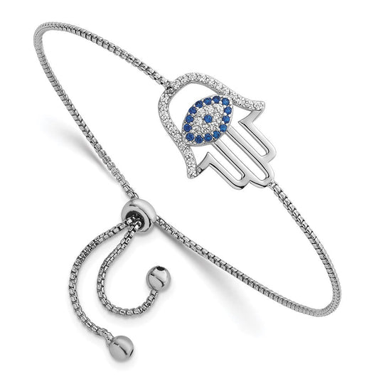 Sterling Silver Rhodium-plated Polished Lab Created Blue Spinel and White CZ Evil Eye Hamsa Adjustable Bolo Bracelet QG6808