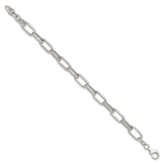 Sterling Silver Polished and Textured Oval Link 7 inch with 0.5 inch Extender Bracelet QG6809-7
