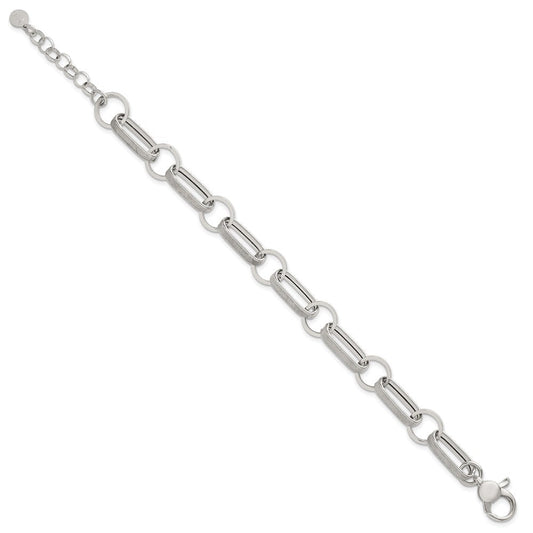 Sterling Silver Polished and Textured Oval and Round Link 7.5 inch with 1 inch Extender Bracelet QG6810-7.5