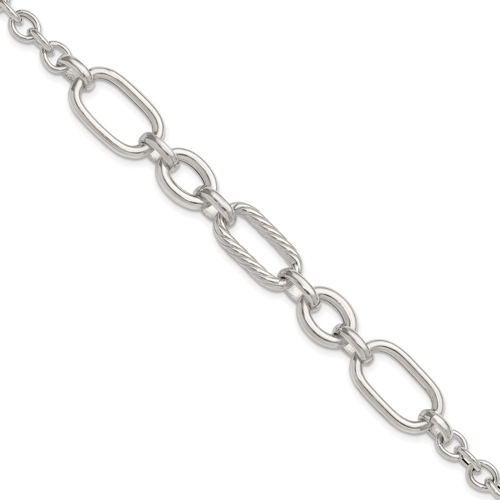Sterling Silver Polished and Twisted Oval and Round Link 7.75 inch Bracelet QG6812-7.75