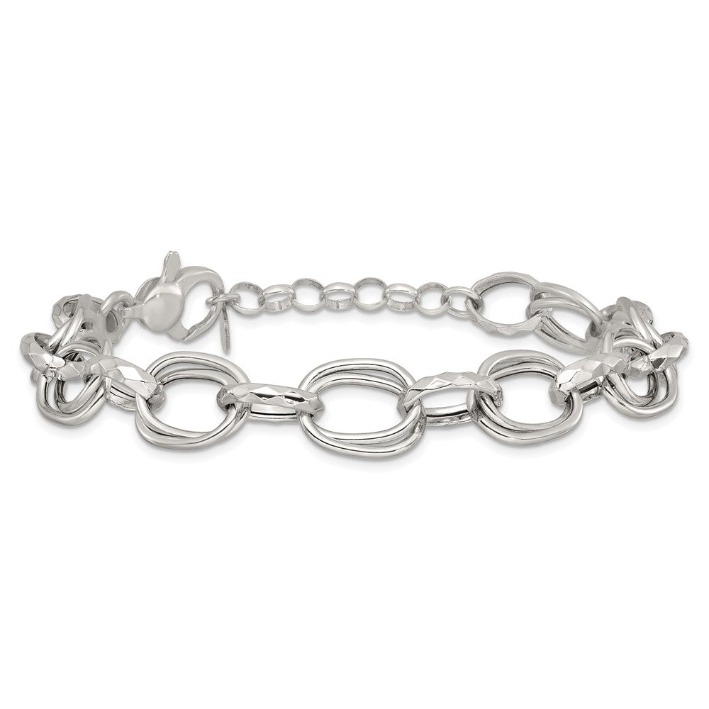 Sterling Silver Polished Double Link and Faceted Link 8 inch with 1 inch Extender Bracelet QG6813-8