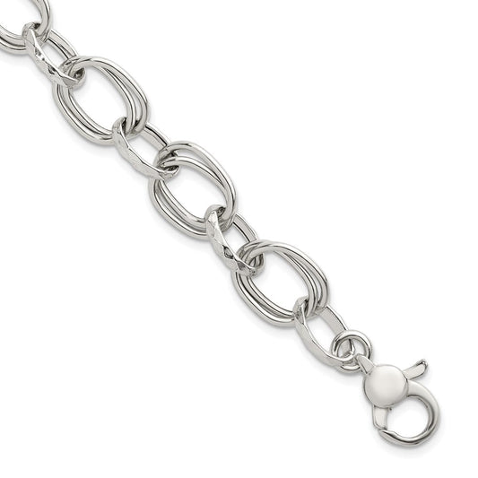Sterling Silver Polished Double Link and Faceted Link 8 inch with 1 inch Extender Bracelet QG6813-8