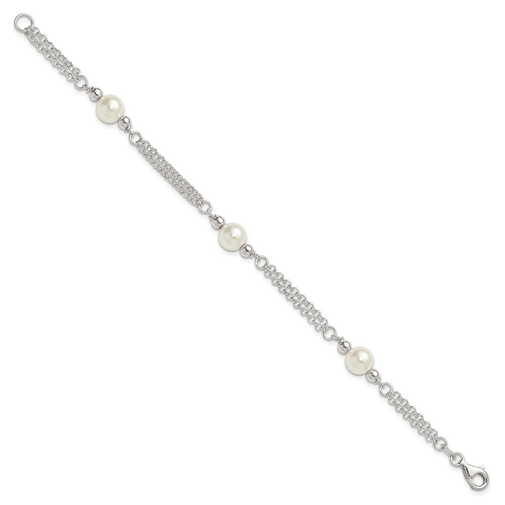 Sterling Silver Polished Double Strand with Glass Pearls 7.5 inch 3-Station Bracelet QG6827-7.5