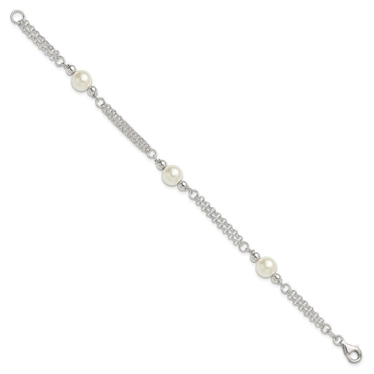 Sterling Silver Polished Double Strand with Glass Pearls 7.5 inch 3-Station Bracelet QG6827-7.5