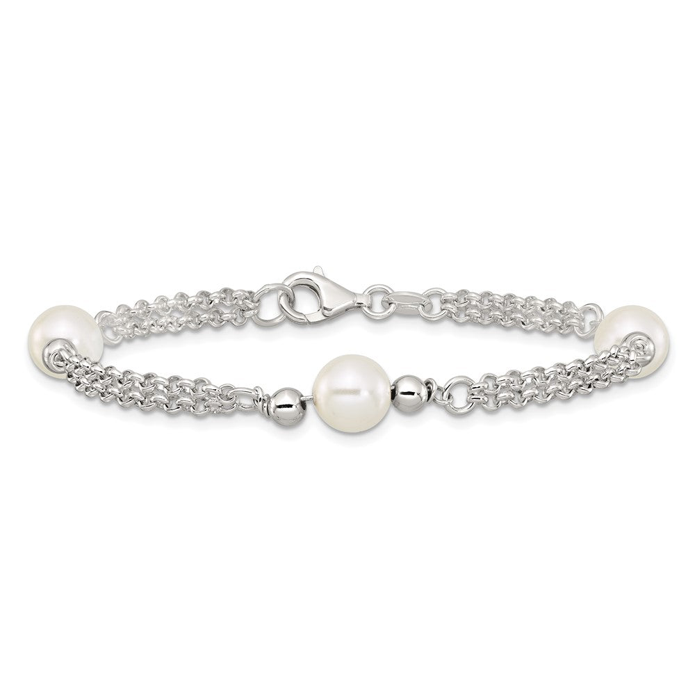 Sterling Silver Polished Double Strand with Glass Pearls 7.5 inch 3-Station Bracelet QG6827-7.5