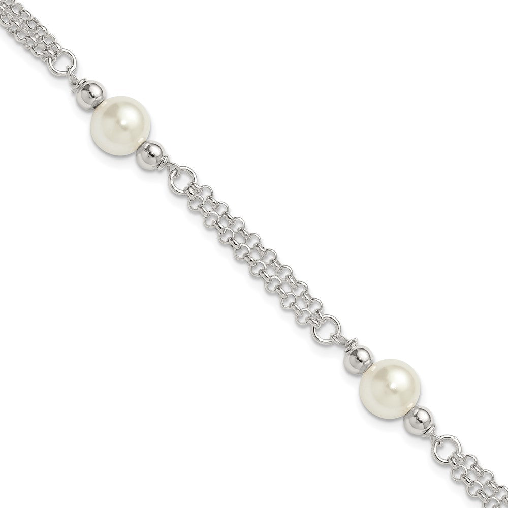 Sterling Silver Polished Double Strand with Glass Pearls 7.5 inch 3-Station Bracelet QG6827-7.5