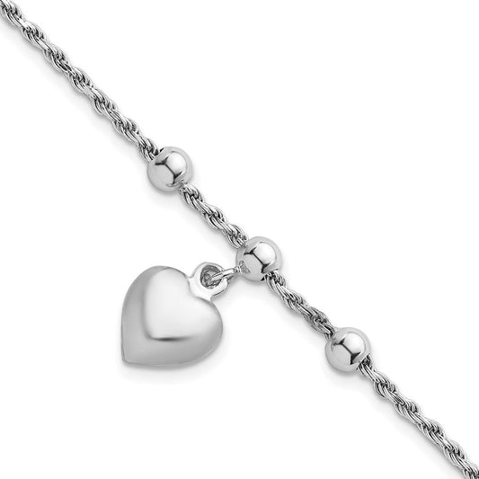 Sterling Silver Rhodium-plated Puffed Heart Dangle and Beads 7 inch Rope Chain Bracelet QG6829-7