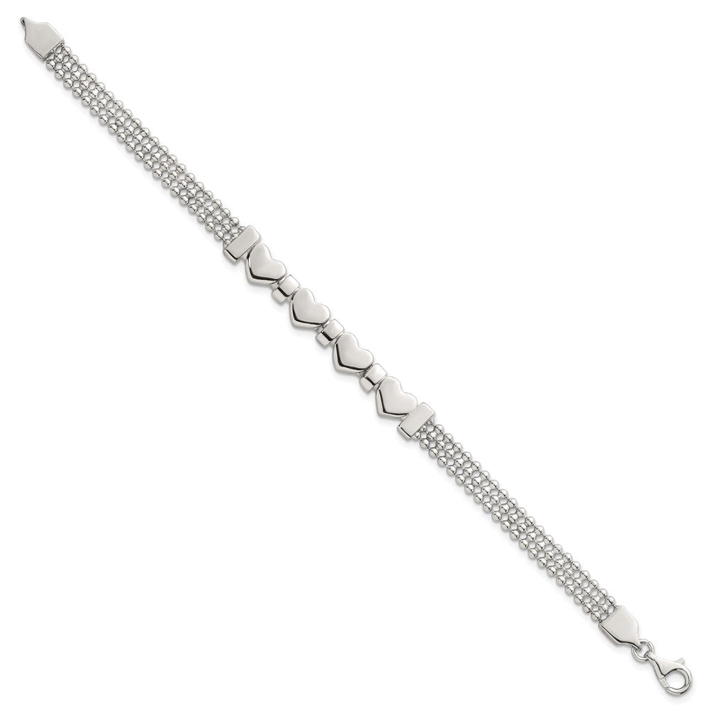 Sterling Silver Polished and Beaded 4-Hearts 7.25 Inch Bracelet QG6831-7.25