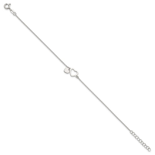 Sterling Silver Polished Double Heart 7 inch with 1 inch Extension Bracelet QG6832-7