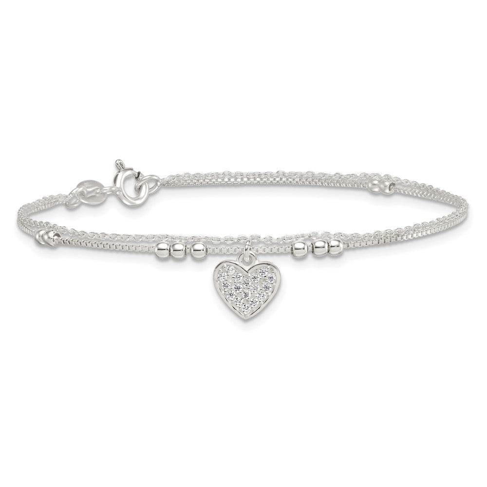 Sterling Silver Polished and Beaded with White CZ Heart Double Strand 7.5 inch Bracelet QG6833-7.5