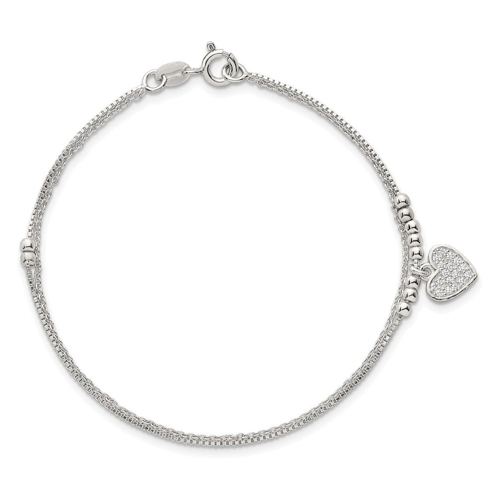 Sterling Silver Polished and Beaded with White CZ Heart Double Strand 7.5 inch Bracelet QG6833-7.5
