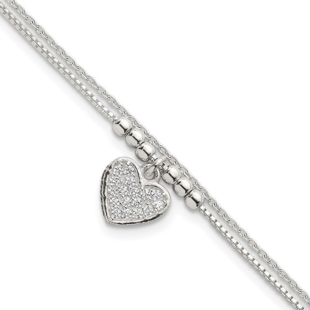 Sterling Silver Polished and Beaded with White CZ Heart Double Strand 7.5 inch Bracelet QG6833-7.5