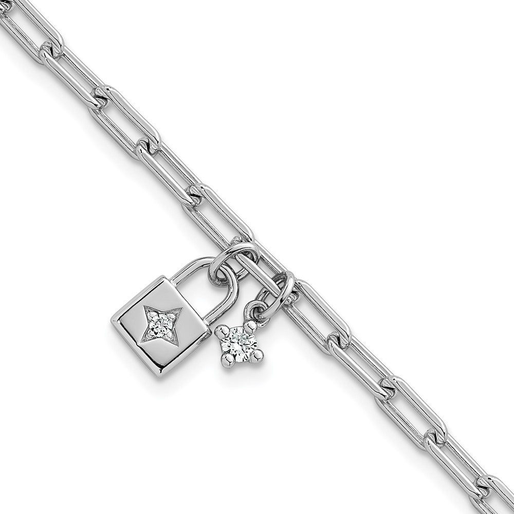 Sterling Silver Rhodium-plated Polished CZ and Lock 7 inch with 0.75 inch Extender Bracelet QG6835-7