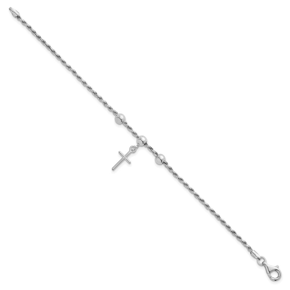 Sterling Silver Rhodium-plated Cross Dangle and Beads 7 inch Rope Chain Bracelet QG6837-7