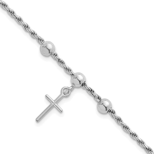 Sterling Silver Rhodium-plated Cross Dangle and Beads 7 inch Rope Chain Bracelet QG6837-7