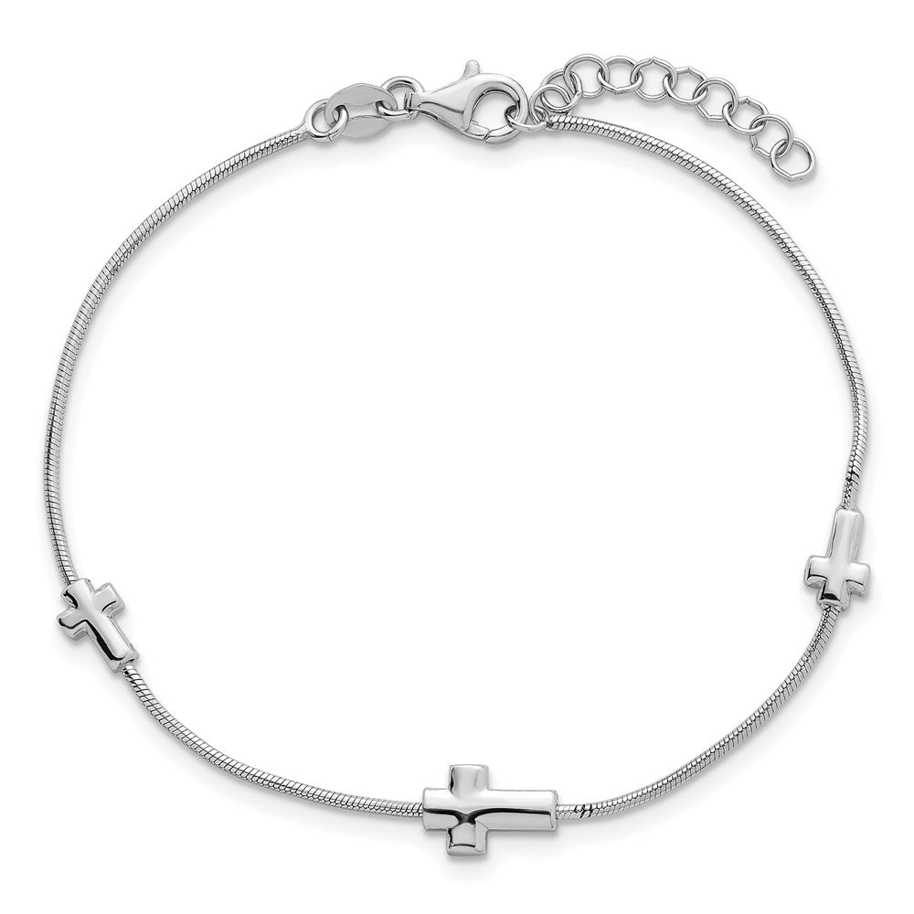 Sterling Silver Rhodium-plated Three Crosses 7 inch with 1 inch Extension Bracelet QG6838-7