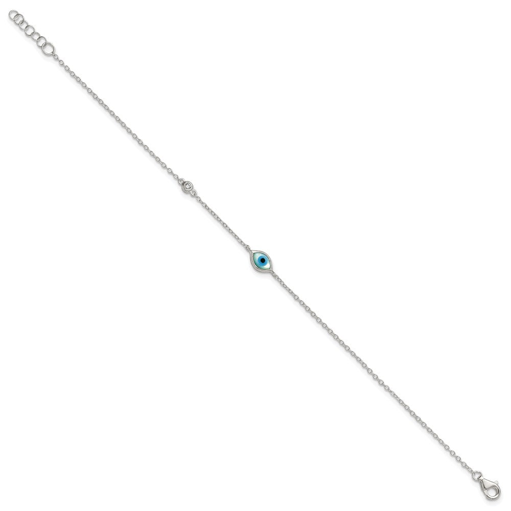 Sterling Silver Polished CZ and Mother of Pearl Evil Eye 6.75 Inch with 0.5 Inch Extension Bracelet QG6839-6.75