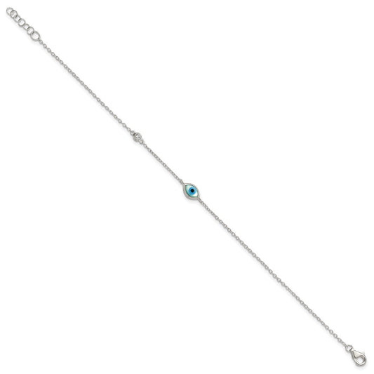 Sterling Silver Polished CZ and Mother of Pearl Evil Eye 6.75 Inch with 0.5 Inch Extension Bracelet QG6839-6.75