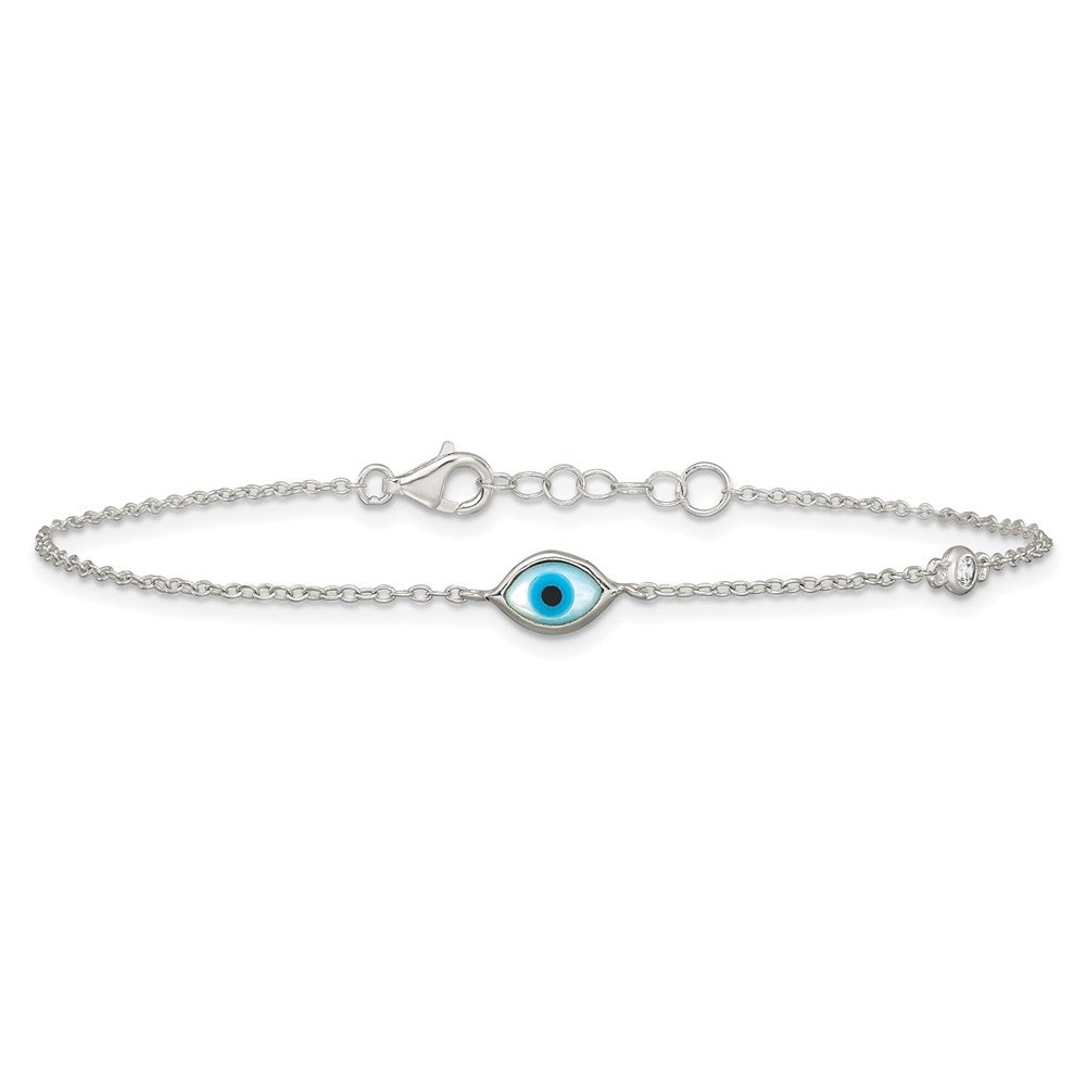 Sterling Silver Polished CZ and Mother of Pearl Evil Eye 6.75 Inch with 0.5 Inch Extension Bracelet QG6839-6.75
