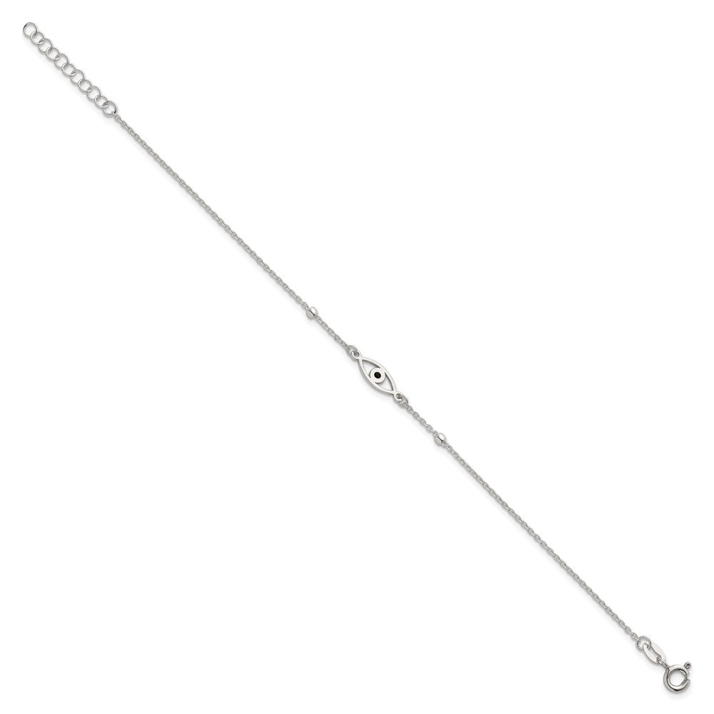 Sterling Silver Polished Beaded Black Enamel Evil Eye 7 inch with 1 inch Extension Bracelet QG6841-7