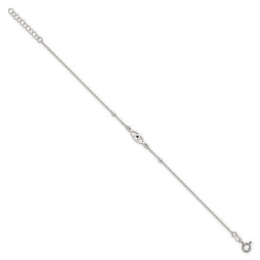 Sterling Silver Polished Beaded Black Enamel Evil Eye 7 inch with 1 inch Extension Bracelet QG6841-7