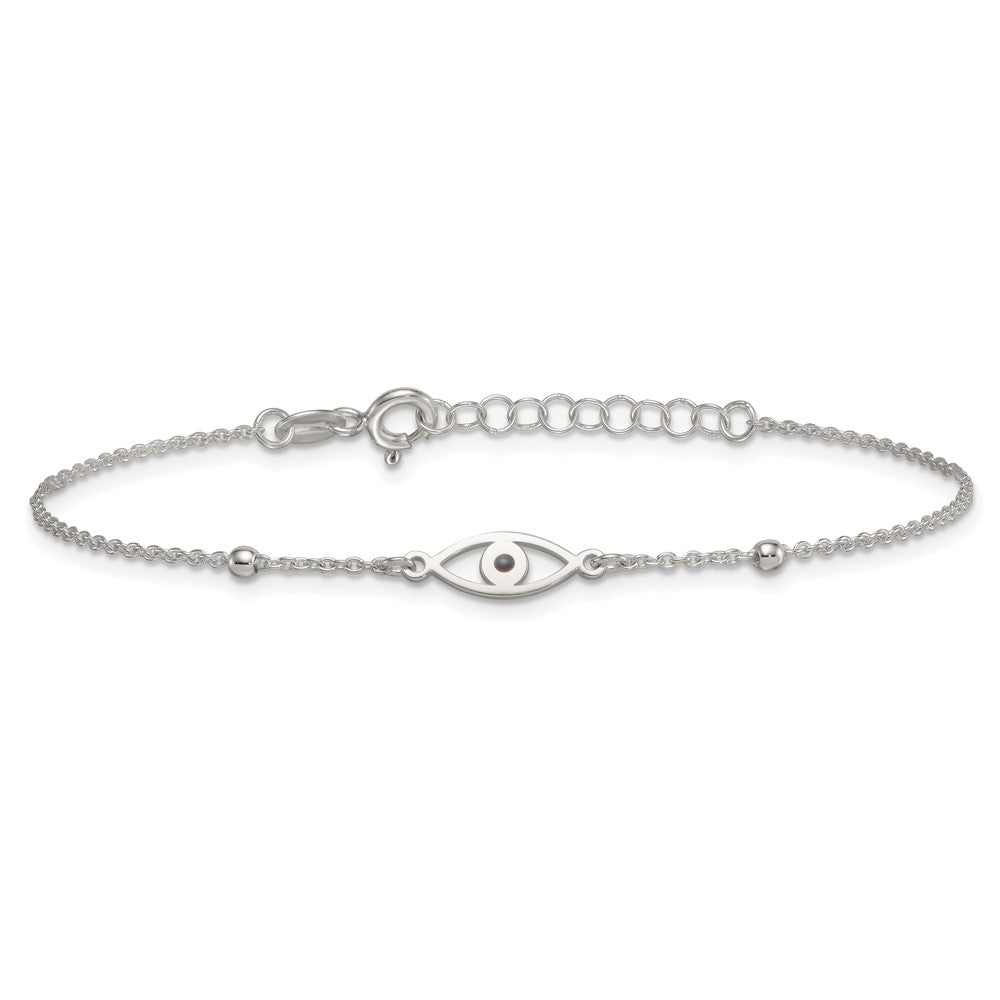 Sterling Silver Polished Beaded Black Enamel Evil Eye 7 inch with 1 inch Extension Bracelet QG6841-7