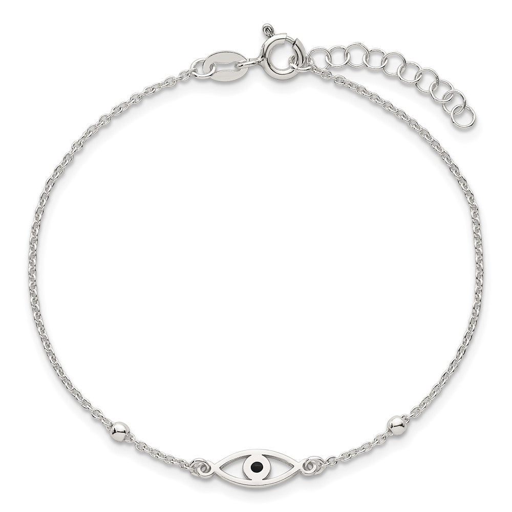 Sterling Silver Polished Beaded Black Enamel Evil Eye 7 inch with 1 inch Extension Bracelet QG6841-7