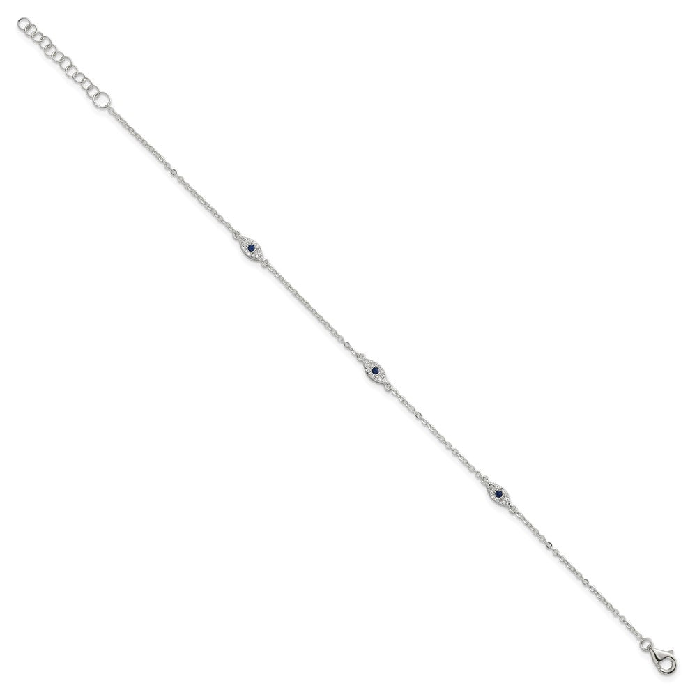 Sterling Silver Polished Blue and White CZ Evil Eye 7 Inch with 1 Inch Extension Bracelet QG6842-7