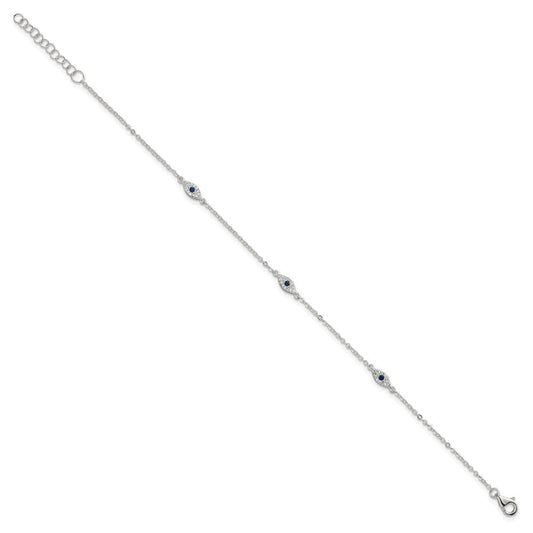 Sterling Silver Polished Blue and White CZ Evil Eye 7 Inch with 1 Inch Extension Bracelet QG6842-7