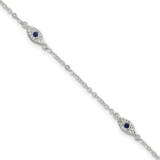 Sterling Silver Polished Blue and White CZ Evil Eye 7 Inch with 1 Inch Extension Bracelet QG6842-7