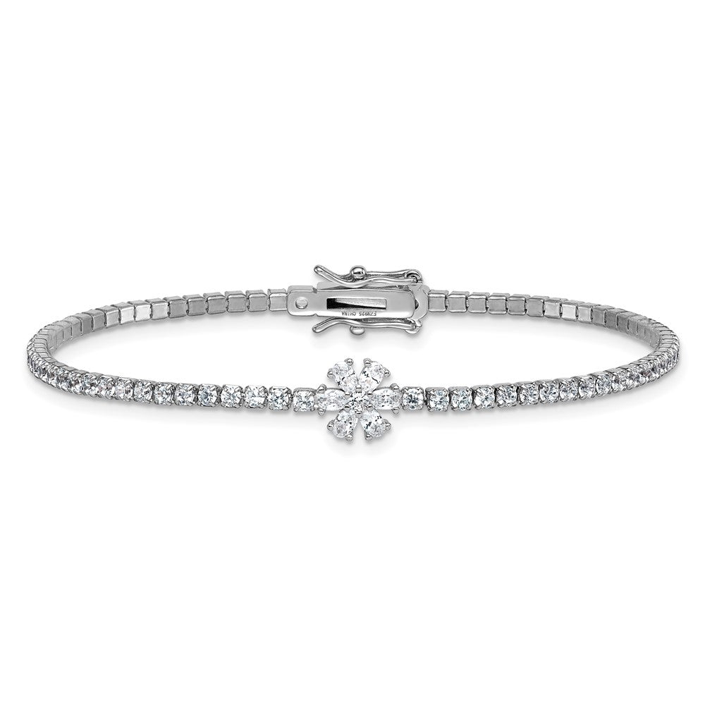 Sterling Silver Rhodium-plated Polished CZ Flower 7.25 inch Tennis Bracelet QG6844-7.25