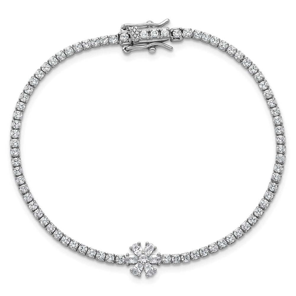 Sterling Silver Rhodium-plated Polished CZ Flower 7.25 inch Tennis Bracelet QG6844-7.25