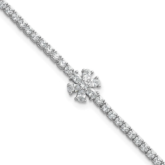 Sterling Silver Rhodium-plated Polished CZ Flower 7.25 inch Tennis Bracelet QG6844-7.25