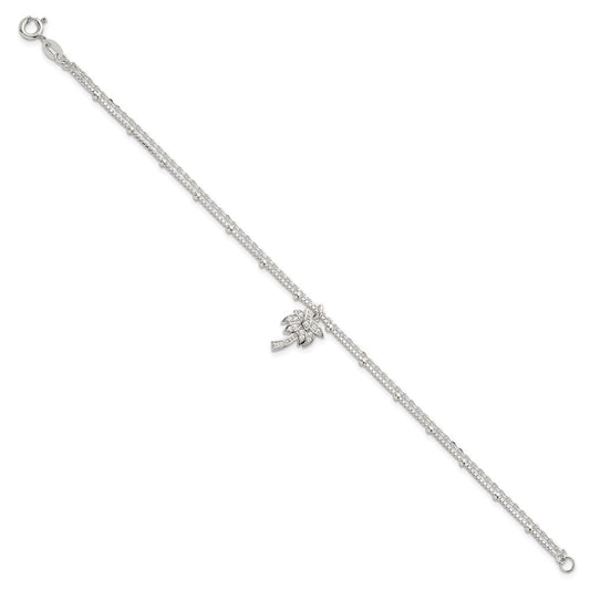 Sterling Silver Polished and Beaded White CZ Palm Tree Dangle Double Strand 7.5 inch Bracelet QG6845-7.5
