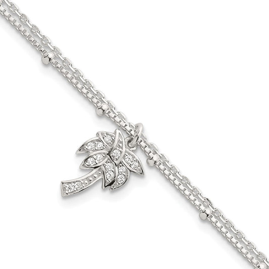 Sterling Silver Polished and Beaded White CZ Palm Tree Dangle Double Strand 7.5 inch Bracelet QG6845-7.5
