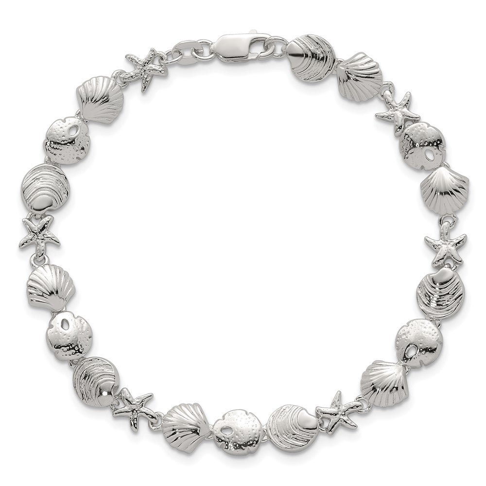 Sterling Silver Polished Textured Starfish, Sand Dollar, and Sea Shell 7.25 inch Bracelet QG6846-7.25