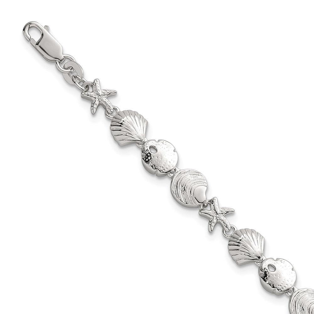 Sterling Silver Polished Textured Starfish, Sand Dollar, and Sea Shell 7.25 inch Bracelet QG6846-7.25