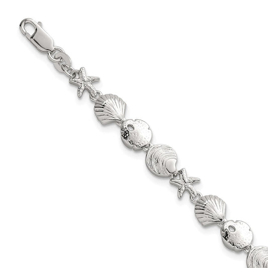 Sterling Silver Polished Textured Starfish, Sand Dollar, and Sea Shell 7.25 inch Bracelet QG6846-7.25