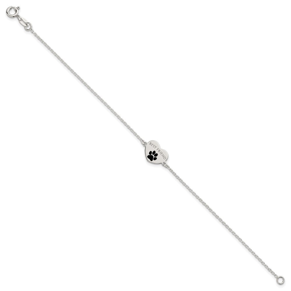 Sterling Silver Polished Black Enamel Pawprint Heart BEST FRIEND 7.5 inch Bracelet QG6847-7.5